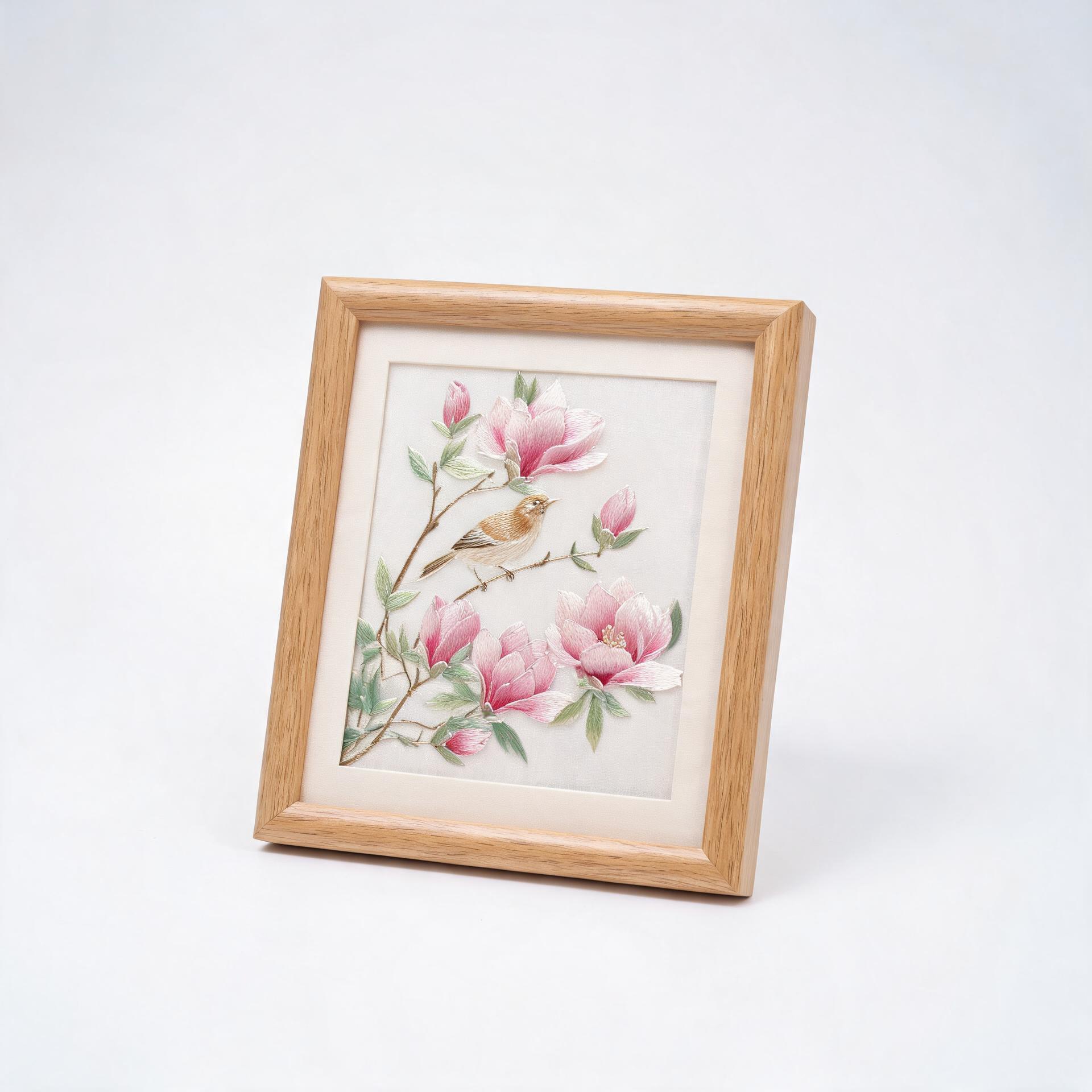 苏绣玉兰花鸟挂画 手工刺绣